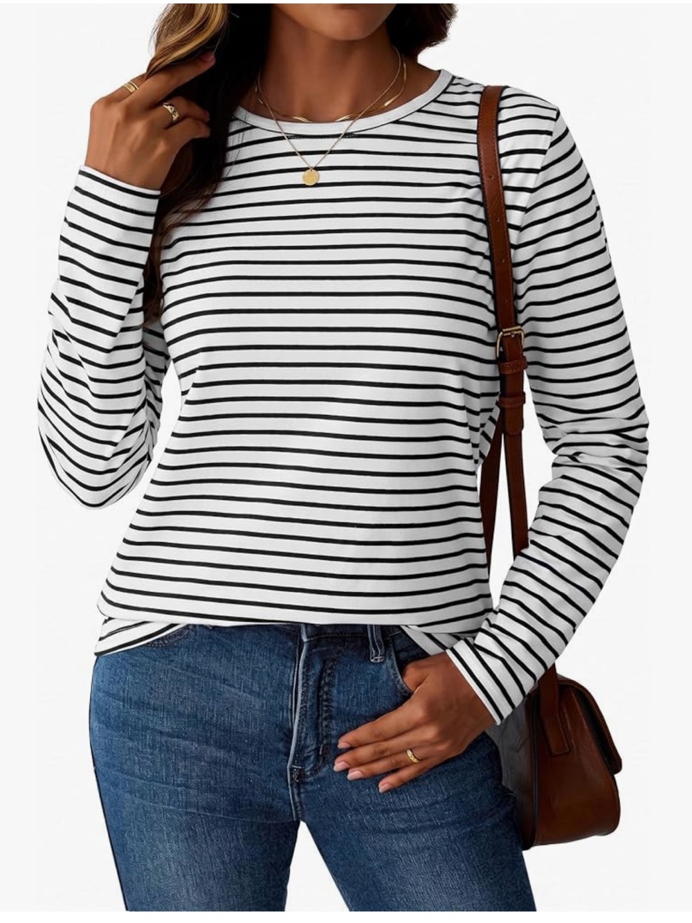 🆕 LilyCoco Women Striped Long Sleeve Shirt Breton Tshirt Relaxed Fit Crew Neck